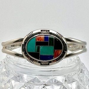 Relios Vintage 925 Gemstone Geometric Inlay Cuff Bracelet